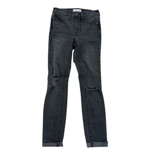 Madewell 9" High-Rise Skinny Black Jeans Size 24‎ Ripped Knee Ankle